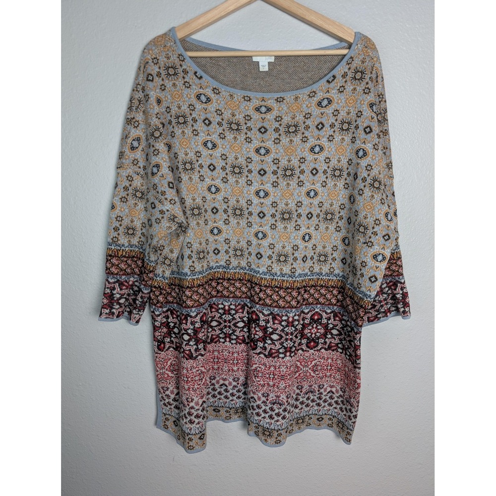 J Jill Sweater Womens Large Multicolor Boho Geometric Boat‎ Neck Tunic